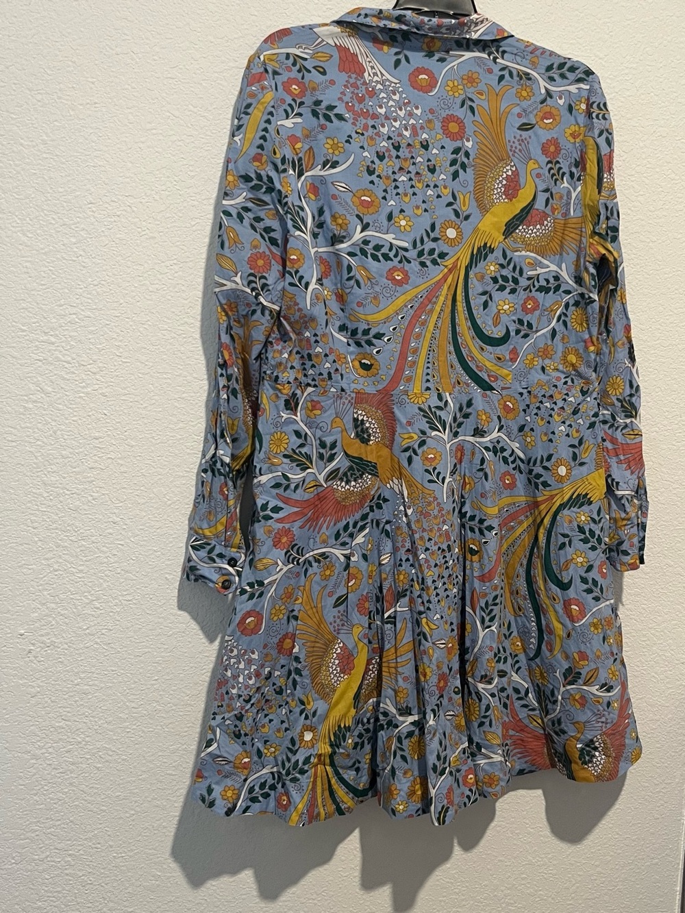 Boden Enchanting Peacock Floral Dress Midi Blue Tiered Collared Pockets Size 14R - Picture 2 of 5